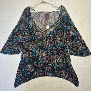 Beverly Drive NWT Peacock Feather Tunic Top BOHO Y2K 90s Beach Resort Sz 24/26W